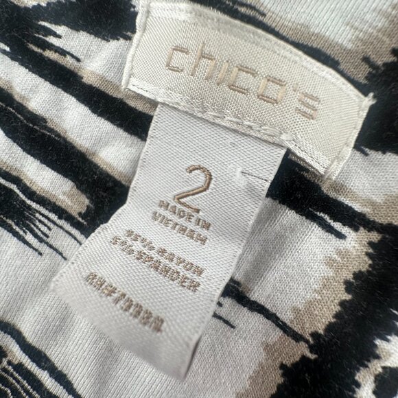 Chico's Tunic Top Ikat Print Black White Red 3/4th Sleeves‎ Size 2 (Large) Rayon - Picture 8 of 10